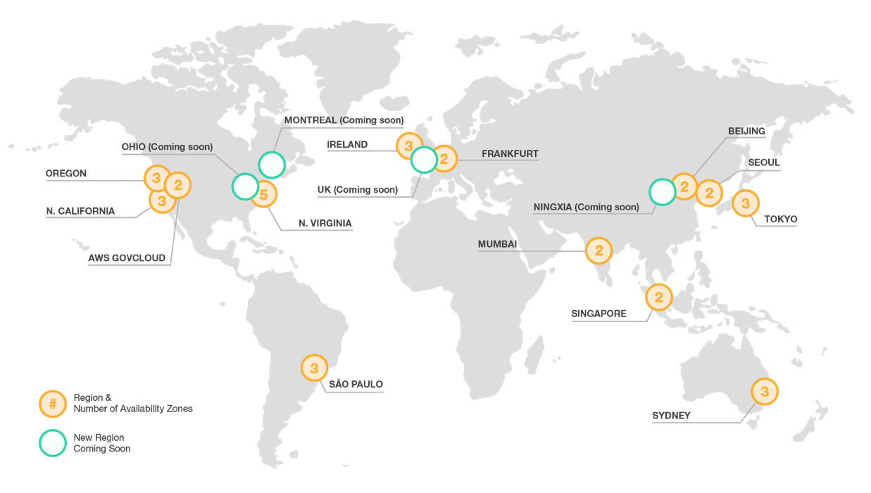 AWS world wide deployment map.