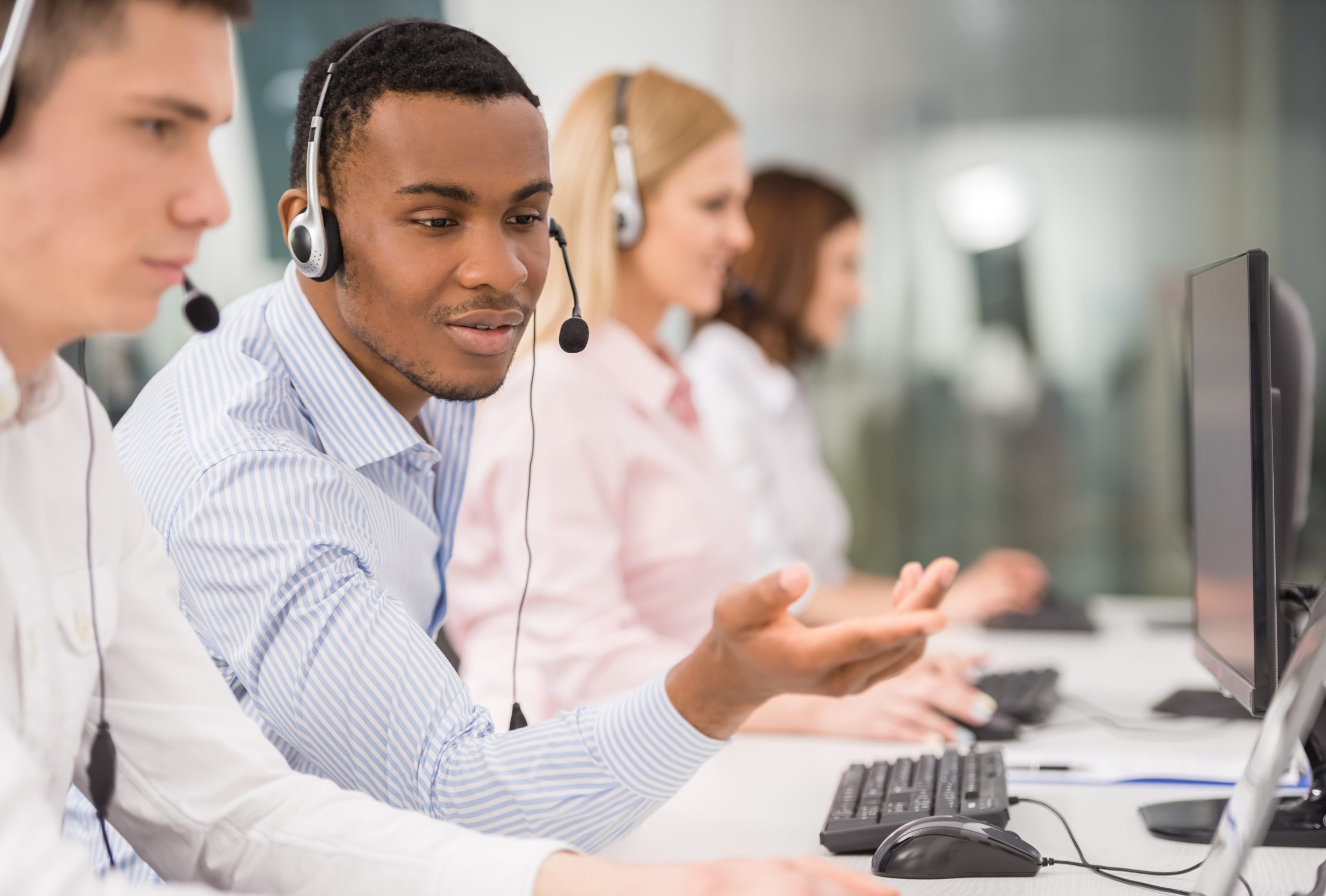 Call centre agents working together.