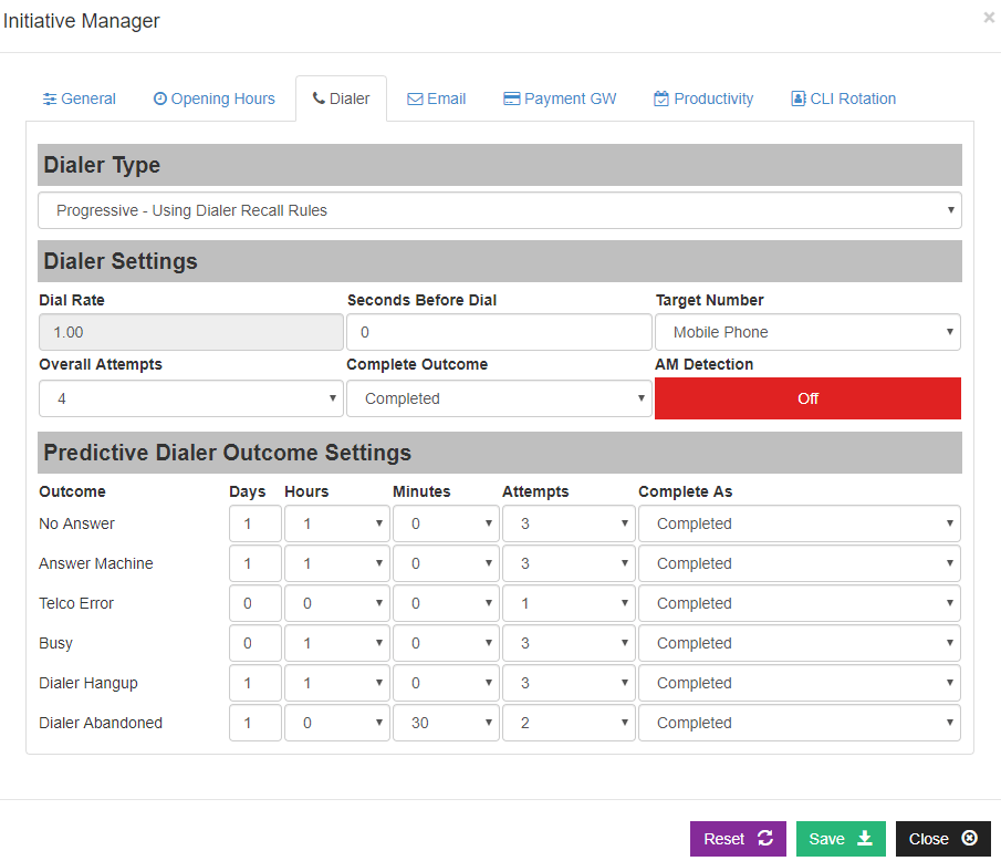 Progressive dialler settings optimised for outbound contact.