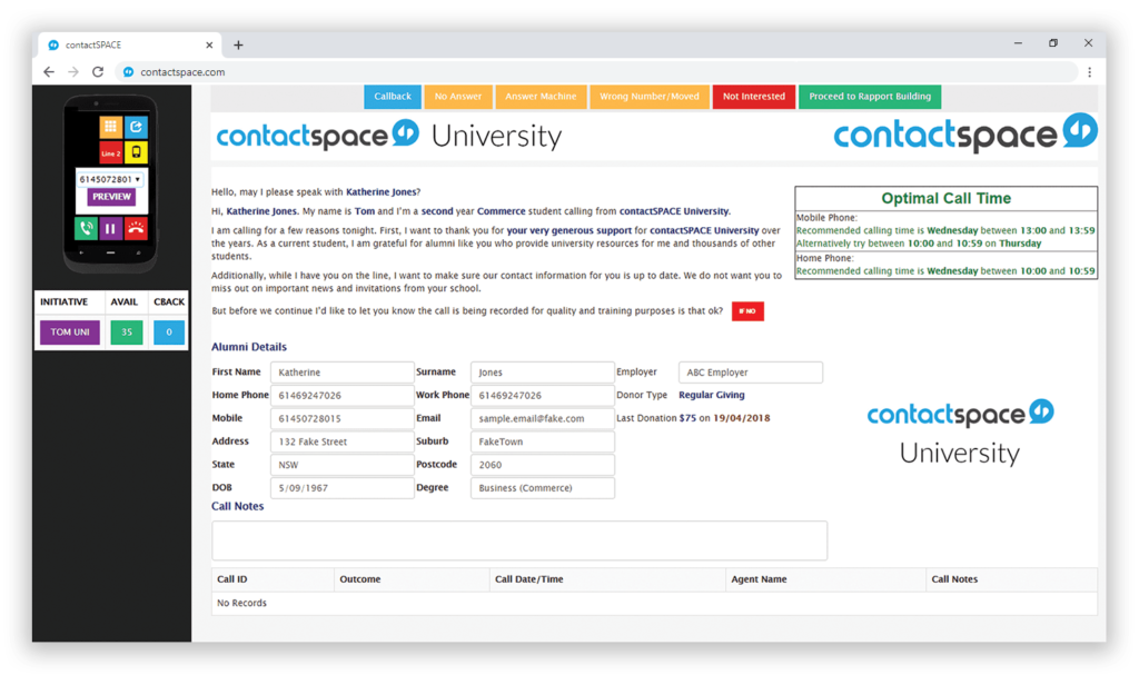 contactSPACE CallGuide interface.